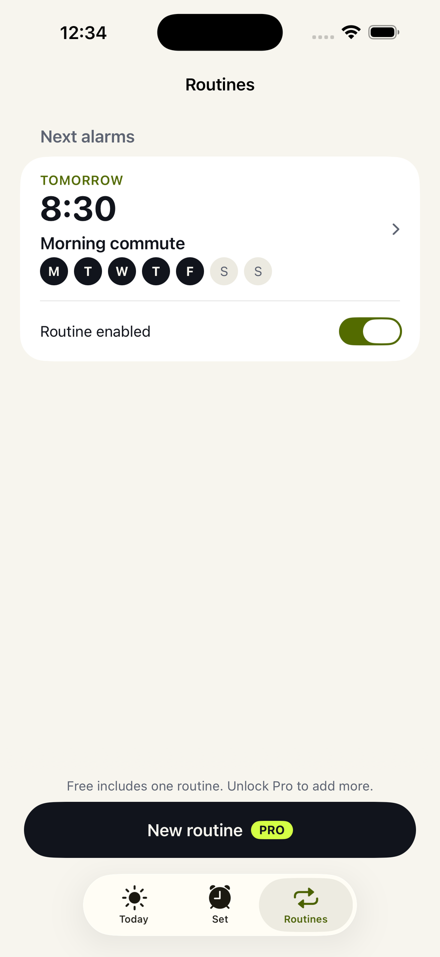An enabled Morning commute routine on weekdays at 8:30